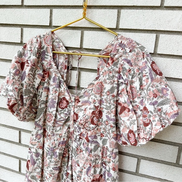 Love The Label Boho Puff Sleeve Floral Mini Dress Sz L | 100% Cotton Tie Back - Picture 2 of 10